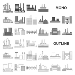 工厂和设施单色在集合中为设计的图标。工厂和设备矢量符号股票网页插图