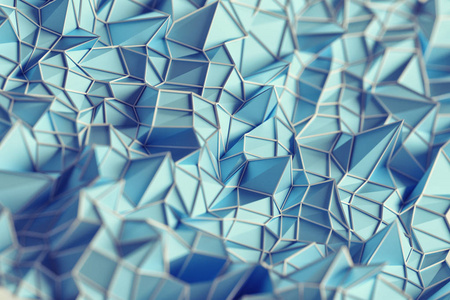 浅蓝色三三维 tringles 的抽象例证在顶部和模糊区域的白色框架。数字生成的图像。3d 插图