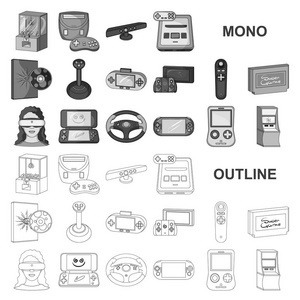 游戏控制台和虚拟现实单色图标集合中的设计。游戏小工具向量符号股票 web 插图