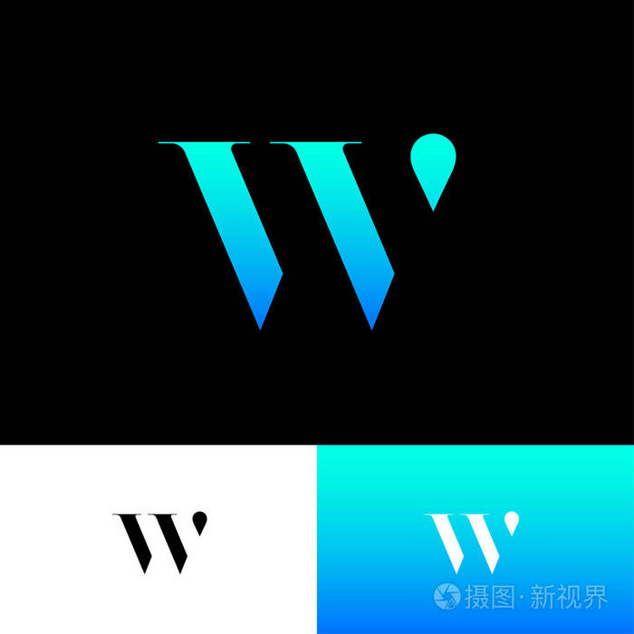 w字母表w徽标蓝色字母与下降隔离在黑暗的背景单色选项