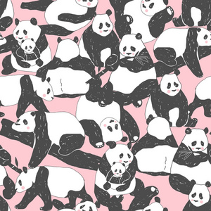 可爱的熊猫熊挤满了纺织印刷品, 海报, 封面, 儿童和托儿所的无缝图案插图, 矢量壁纸