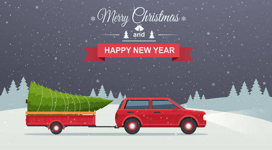 圣诞快乐, 新年快乐。假日冬天雪夜背景与红色汽车和圣诞树在拖车