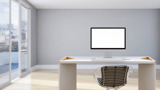 工作场所模型概念。模拟现代家居装饰台式电脑艺术家工作空间与复制空间的产品显示蒙太奇。模拟桌面