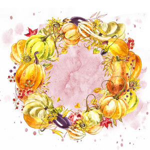 秋天叶子和南瓜花圈以空白文本在白色背景。时令花枫栎树橙叶配葫芦为感恩节假期, 收获装饰水彩设计