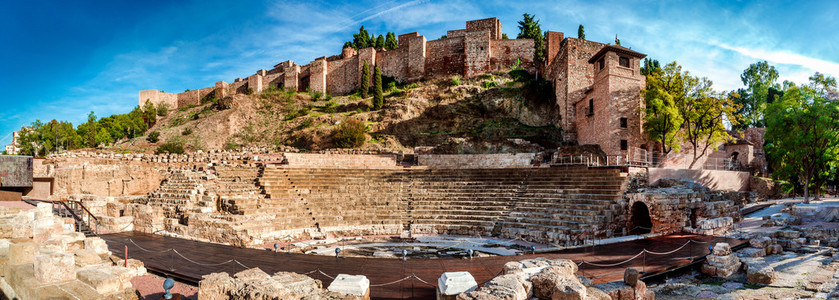 罗马剧院在马拉加的全景视图。西班牙安达卢西亚自治区