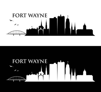 韦恩堡城市摩天大楼的轮廓与题词, 矢量插图