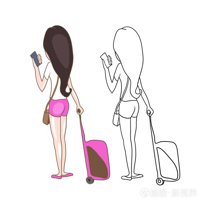 画在矢量女孩与一个手提箱在她的手从后面的车轮