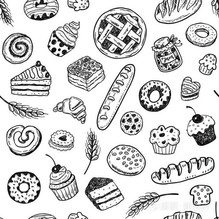 无缝矢量模式与手绘涂鸦烘焙产品和糕点