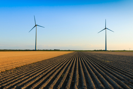 风车在农民田地图片