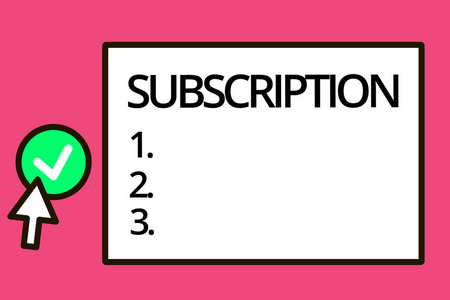 显示订阅的概念手写。商务照片文字安排定期收到的东西提前付款