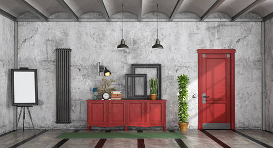 复古家庭入口与红色餐具柜和闭合的门3d 渲染
