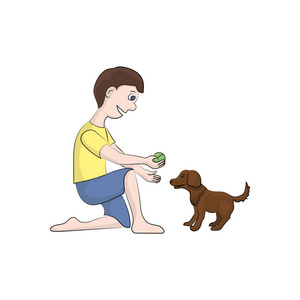 这个男孩和一只小狗玩耍。矢量颜色插图