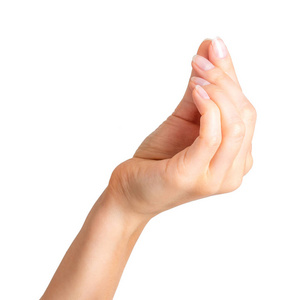 手指拿着小东西的女人手妇女手拿着东西用两个手指女孩穿紧身牛仔裤穿