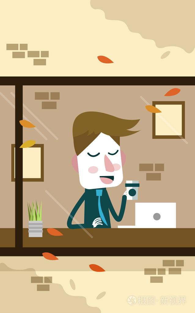 工作的商人和享受在咖啡馆里的热咖啡