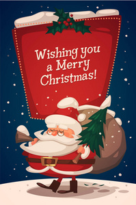 圣诞贺卡  海报  横幅。圣诞老人带来礼物和冷杉树。矢量插图