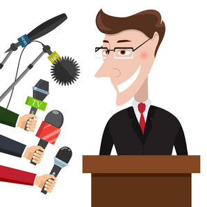 商人给记者采访.新闻发布会.实况报道, 实况新闻概念.矢量插图插画