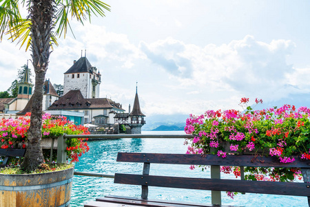 美丽的建筑学在 Oberhofen 城堡与图恩湖背景在瑞士