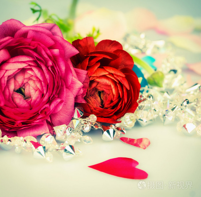 红色和粉色玫瑰的心爱背景色调