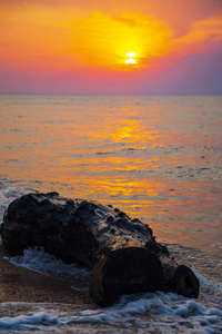 日落时美丽的大海。在黄色太阳的背景上喷洒。海景