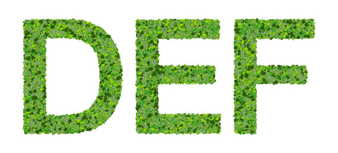 由孤立的白色背景上的绿色树叶制成的 D E F 字母