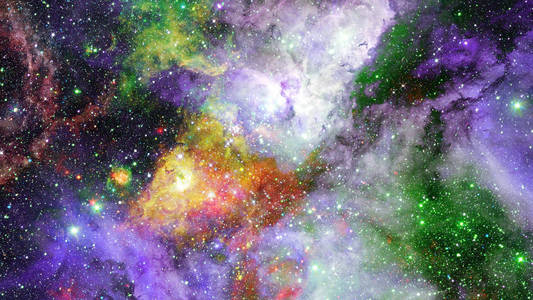 星云夜空中繁星闪烁的彩虹色彩.多色外太空.