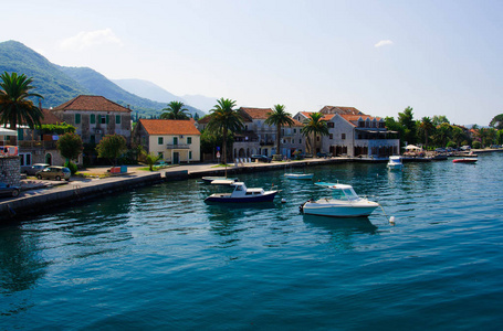 在阳光明媚的日子里, 黑山 seljanovo 的 tivat 湾 kotor 湾, 海滨村庄附近的水中有游艇和渔船, 棕榈树和