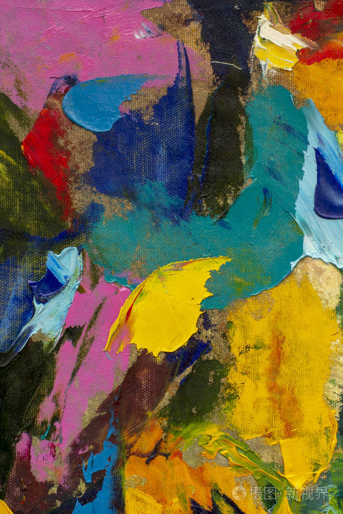 抽象艺术油画在画布上显示厚纹理和调色板刀刷笔画色彩缤纷多彩融合