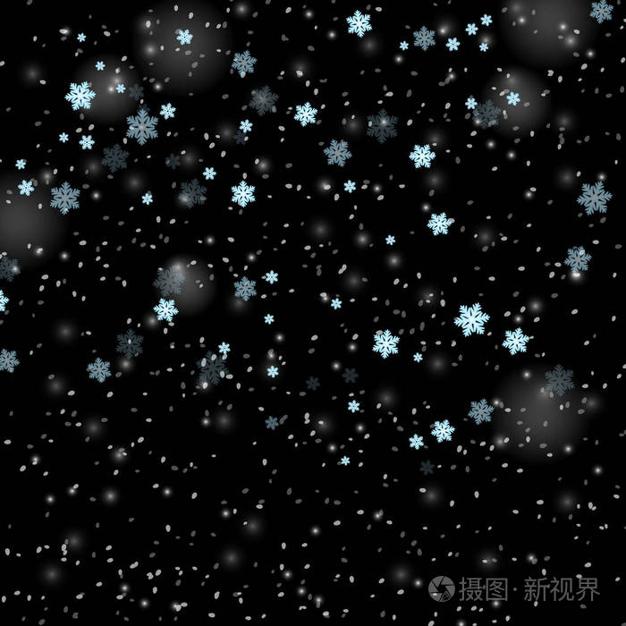 落在黑色背景上的白色雪花.孤立的降雪, 雪的设计元素.暴风雪质感