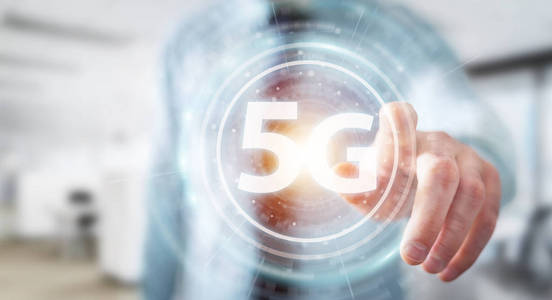 在模糊背景下的商人使用5g 网络接口3d 渲染