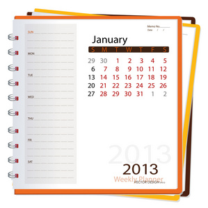 2013 日历笔记本，1 月。矢量插画
