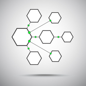 绿色的七个泡泡七个六角形的连接.灰绿色照片