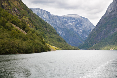 风景与 Naeroyfjord 和高山在挪威