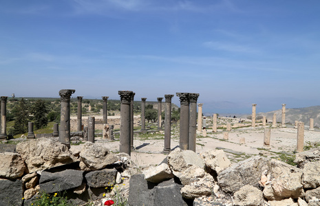 在罗马的科林斯式石柱 um 伊斯 um Qays   是在北部 Jordan Gadara 古代镇附近的一个市镇。嗯伊斯