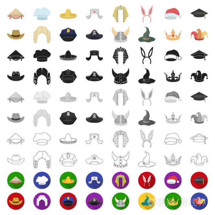 不同种类的帽子卡通图标集为设计集.头饰矢量符号股票网页插图