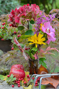 美丽多彩的鲜花花束与红苹果和树叶在花园里照片