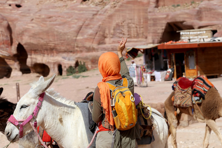 旅游和驴之间砂岩沙漠景观，佩特拉，Jordan