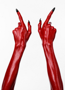 什么鬼红魔鬼,红手的撒旦,万圣节主题,白色背景,孤立照片