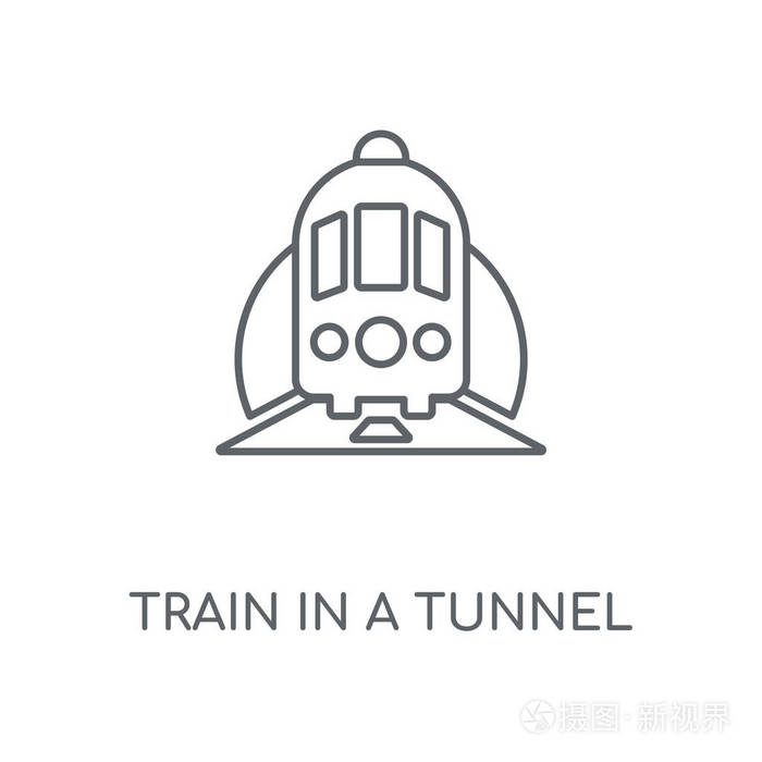 在隧道线性图标中训练。训练在隧道概念冲程符号设计。薄的图形元素向量例证, 在白色背景上的轮廓样式, eps 10