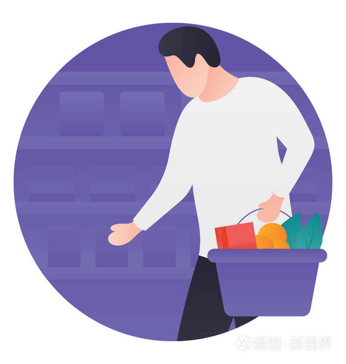 人头像与杂货在购物篮, 超市图标