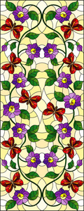 彩色玻璃样式的例证与抽象卷曲的紫色花和红色蝴蝶在黄色背景, 垂直图象