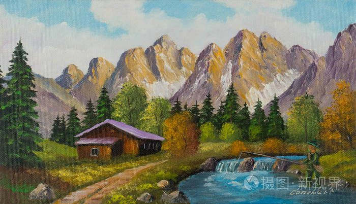 在山溪旁山上的房子里画油画