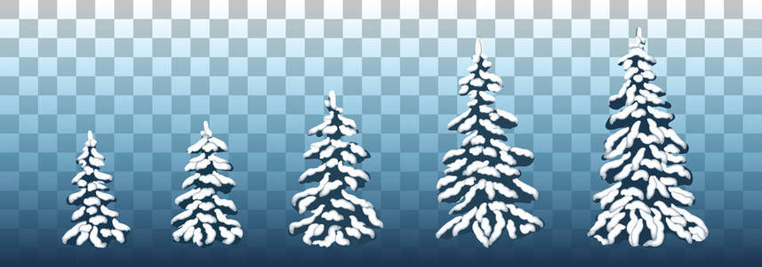 矢量集雪覆盖的松树为圣诞设计, 明信片, 海报, 销售。不同的圣诞树在雪地里。矢量插图。Eps 10