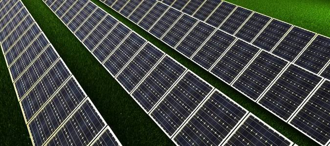 太阳能电池板从太阳中生产绿色环保的能源。3d 渲染
