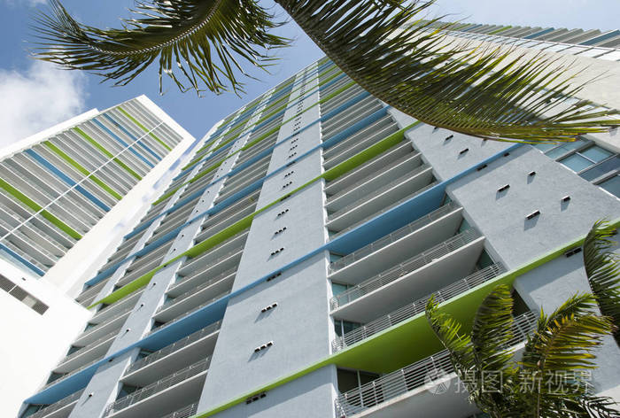 在迈阿密海滩上，一座高大的五颜六色的摩天大楼被棕榈树包围着