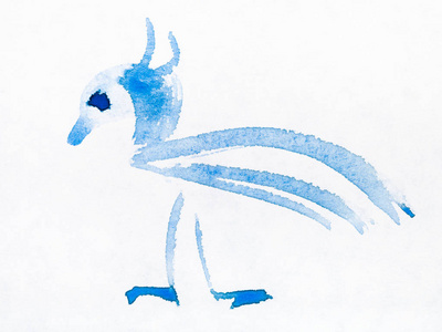 在白纸上的三美 e 风格的手绘由水彩画绘制的蓝色装饰鸟