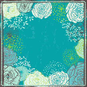 绿松石色调手绘制复古花卉框架
