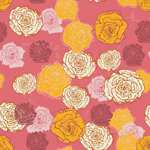 粉红色的手绘制复古玫瑰无缝模式