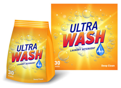洗衣洗涤剂包装设计, 黄色容器软包装与标签在3d 例证查出在白色背景