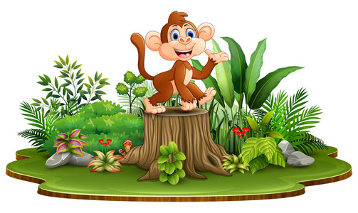 动画片愉快的猴子站立在树桩与绿色植物