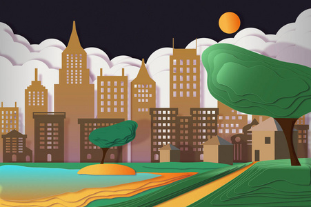 现代矢量插画创意的建筑设计模板城市景观, 摩天大楼, 云, 太阳和树木